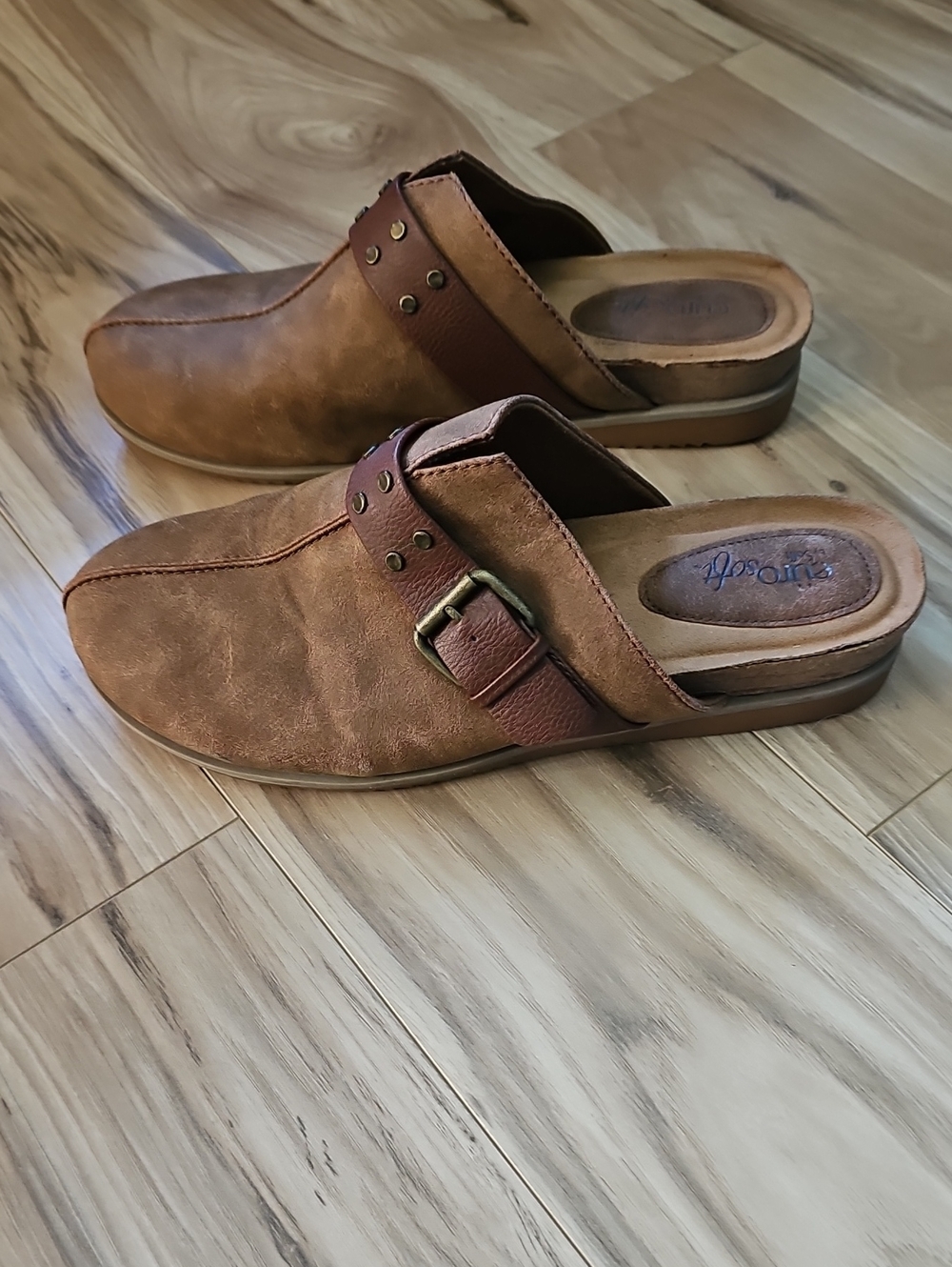 Eurosoft Brown Leather Slip-On Mule with Adjustable Strap